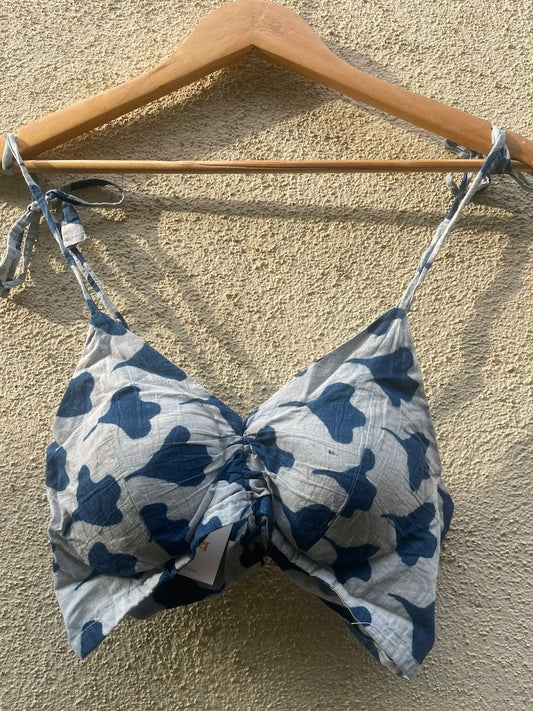 Indigo Print Cotton Padded Lace Bralette