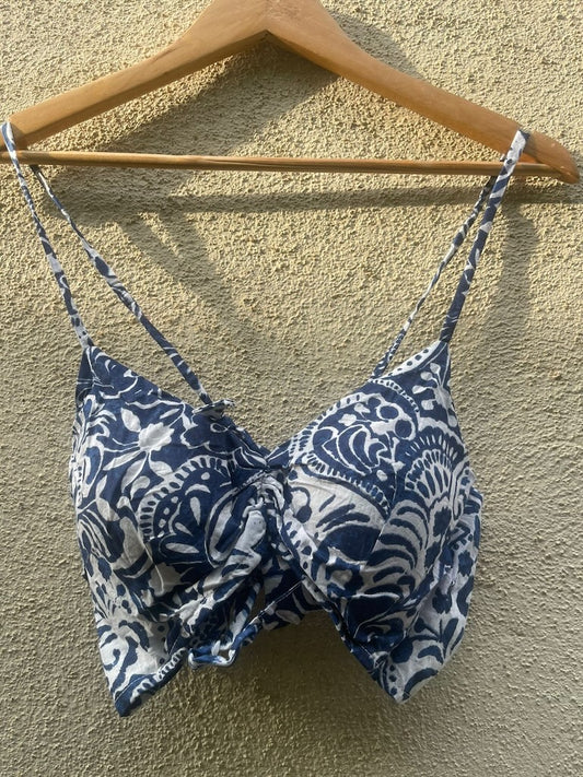 Indigo Print Cotton Padded Lace Bralette