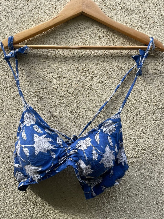 Indigo Print Cotton Padded Lace Bralette