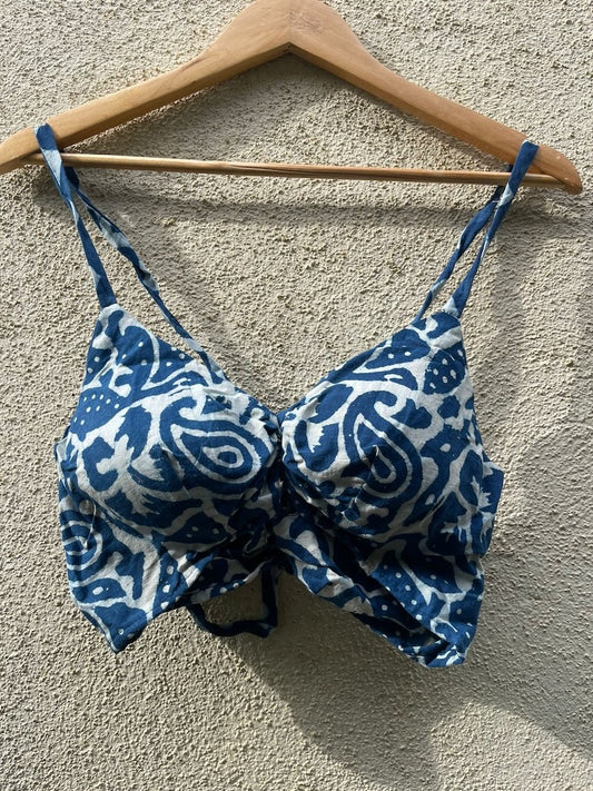 Indigo Print Cotton Padded Lace Bralette