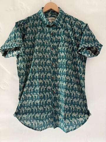 Traditional Camel Print Cotton Short Sleeve Shirt for Men
