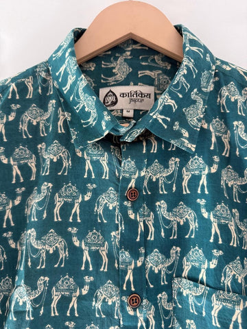 Traditional Camel Print Cotton Short Sleeve Shirt for Men
