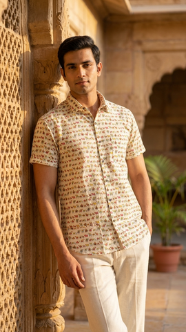 Kartikeya Jaipur Camel Print Cotton Shirt For Men