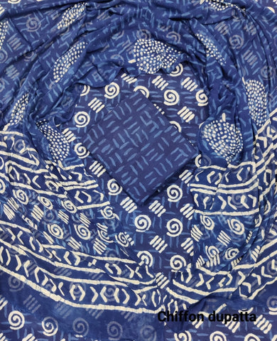 Handblock Printed Cotton Suits  With Chiffon Dupatta