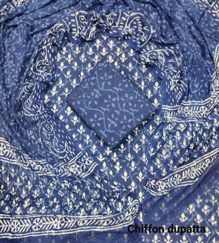 Handblock Printed Cotton Suits  With Chiffon Dupatta