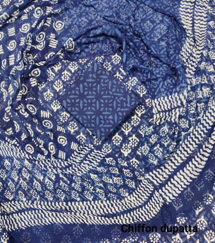 Handblock Printed Cotton Suits  With Chiffon Dupatta