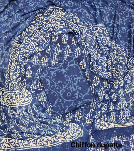 Handblock Printed Cotton Suits  With Chiffon Dupatta