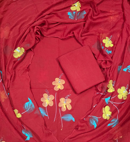 Handblock Printed Cotton Suits  With Chiffon Dupatta