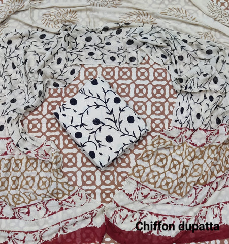 Handblock Printed Cotton Suits  With Chiffon Dupatta