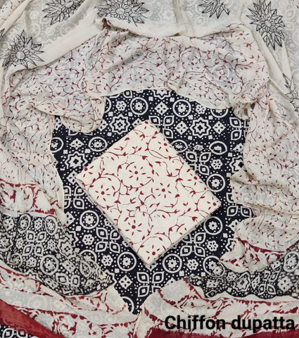 Handblock Printed Cotton Suits  With Chiffon Dupatta