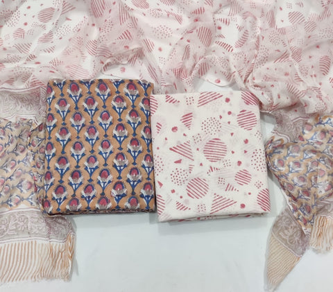 Handblock Printed Cotton Suits  With Chiffon Dupatta