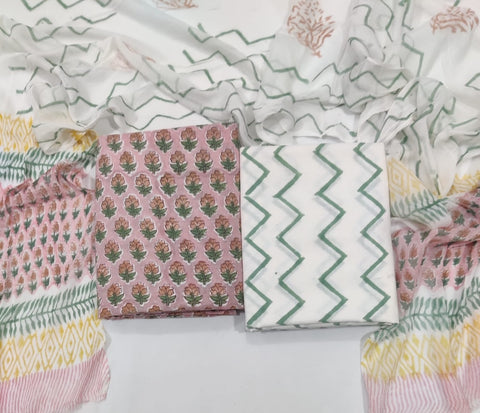 Handblock Printed Cotton Suits  With Chiffon Dupatta