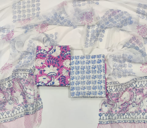Handblock Printed Cotton Suits  With Chiffon Dupatta