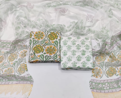 Handblock Printed Cotton Suits  With Chiffon Dupatta