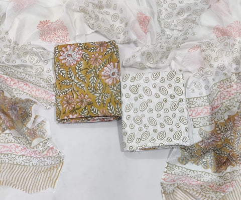 Handblock Printed Cotton Suits  With Chiffon Dupatta