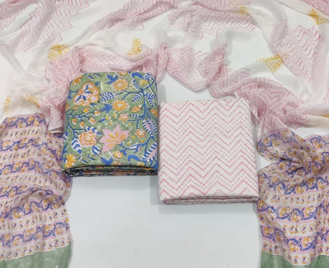 Handblock Printed Cotton Suits  With Chiffon Dupatta