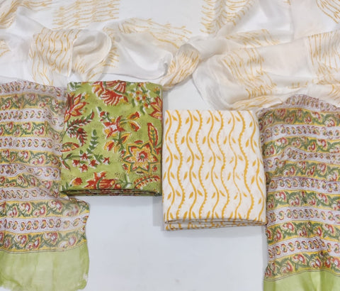 Handblock Printed Cotton Suits  With Chiffon Dupatta