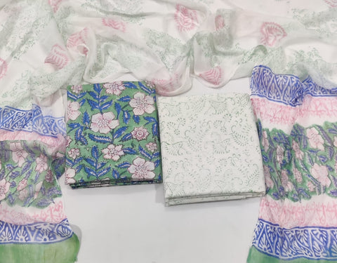 Handblock Printed Cotton Suits  With Chiffon Dupatta