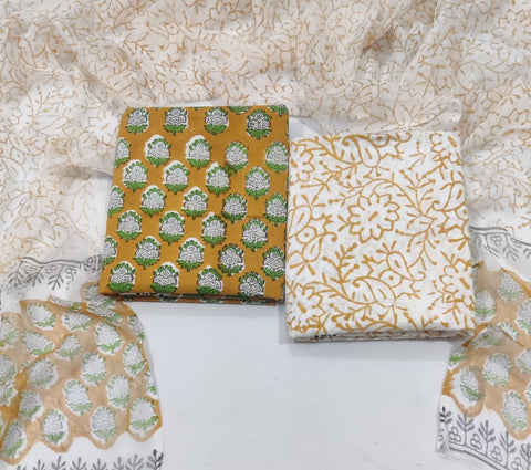 Handblock Printed Cotton Suits  With Chiffon Dupatta