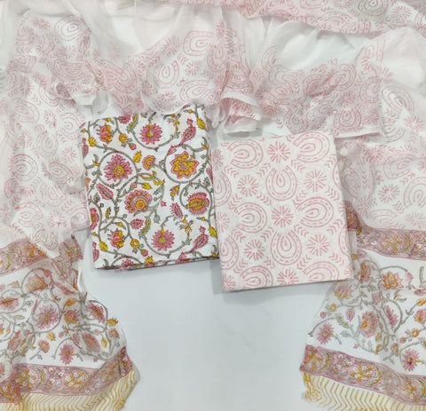 Handblock Printed Cotton Suits  With Chiffon Dupatta