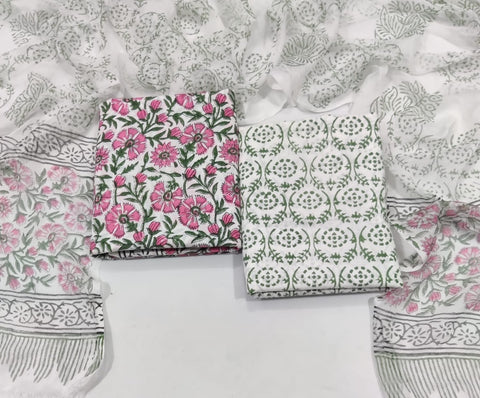 Handblock Printed Cotton Suits  With Chiffon Dupatta