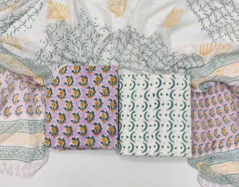 Handblock Printed Cotton Suits  With Chiffon Dupatta
