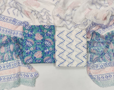 Handblock Printed Cotton Suits  With Chiffon Dupatta