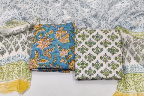 Handblock Printed Cotton Suits  With Chiffon Dupatta