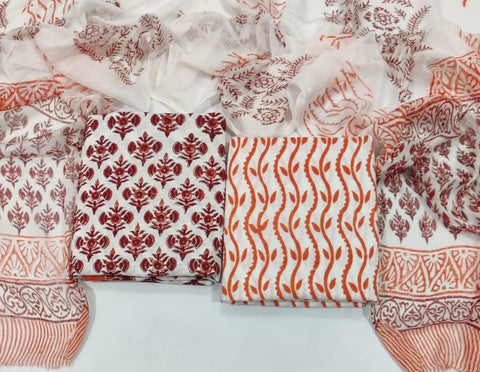 Handblock Printed Cotton Suits  With Chiffon Dupatta