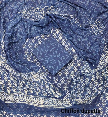 Handblock Printed Cotton Suits  With Chiffon Dupatta