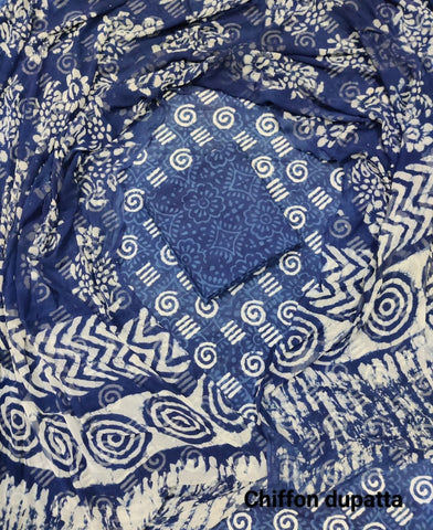 Handblock Printed Cotton Suits  With Chiffon Dupatta