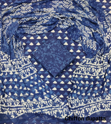 Handblock Printed Cotton Suits  With Chiffon Dupatta