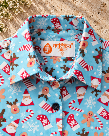 Christmas Print Full Sleeve Cotton Shirt for Womens