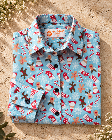 Christmas Print Full Sleeve Cotton Shirt for Womens