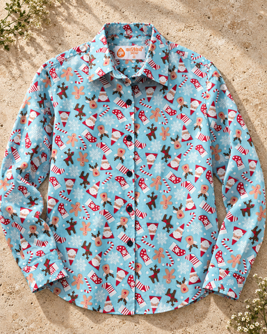 Christmas Print Full Sleeve Cotton Shirt for Womens