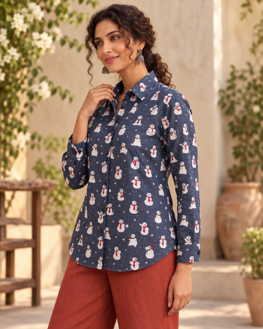 Christmas Print Full Sleeve Cotton Shirt for Womens