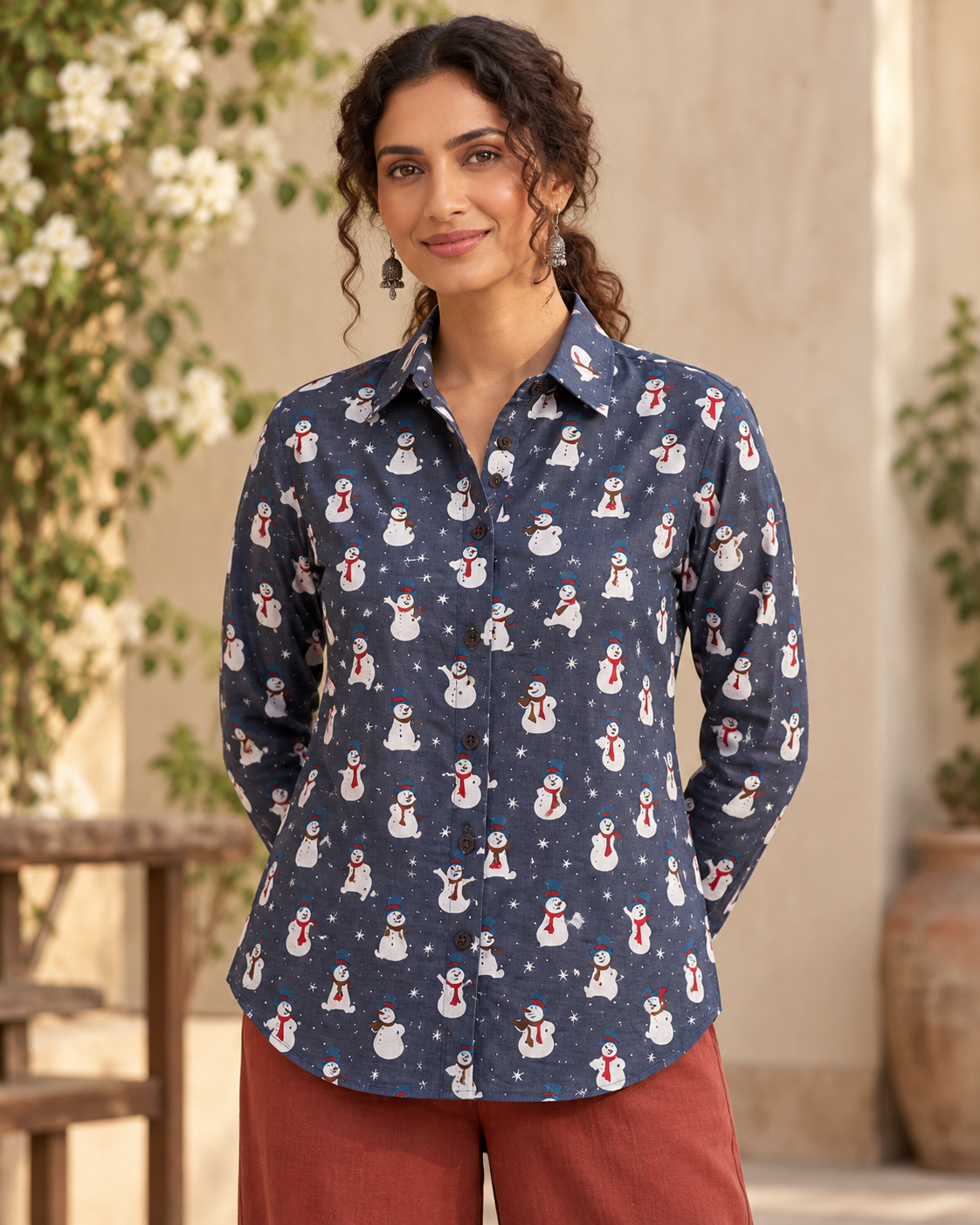 Christmas Print Full Sleeve Cotton Shirt for Womens