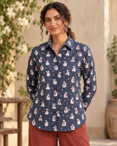 Christmas Print Full Sleeve Cotton Shirt for Womens