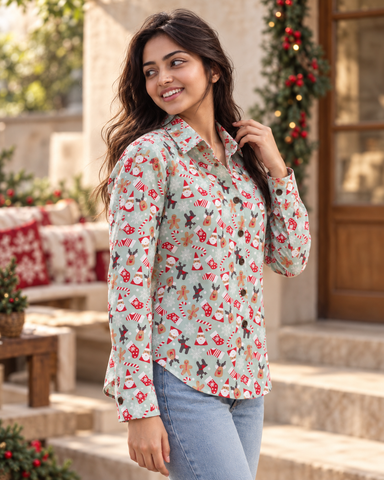 Christmas Print Full Sleeve Cotton Shirt for Womens