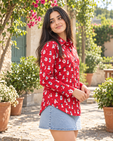 Christmas Print Full Sleeve Cotton Shirt for Womens