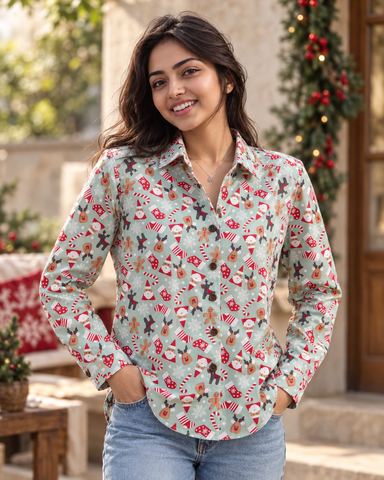 Christmas Print Full Sleeve Cotton Shirt for Womens