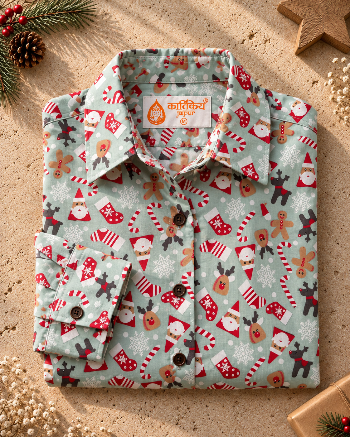 Christmas Print Full Sleeve Cotton Shirt for Womens