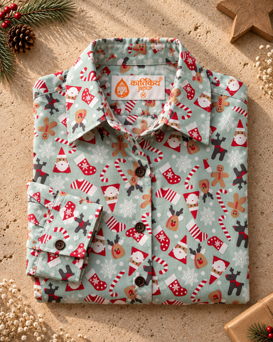 Christmas Print Full Sleeve Cotton Shirt for Womens
