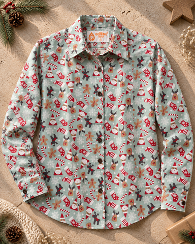 Christmas Print Full Sleeve Cotton Shirt for Womens
