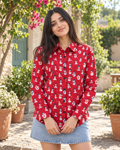 Christmas Print Full Sleeve Cotton Shirt for Womens