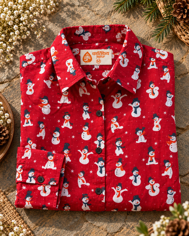 Christmas Print Full Sleeve Cotton Shirt for Womens