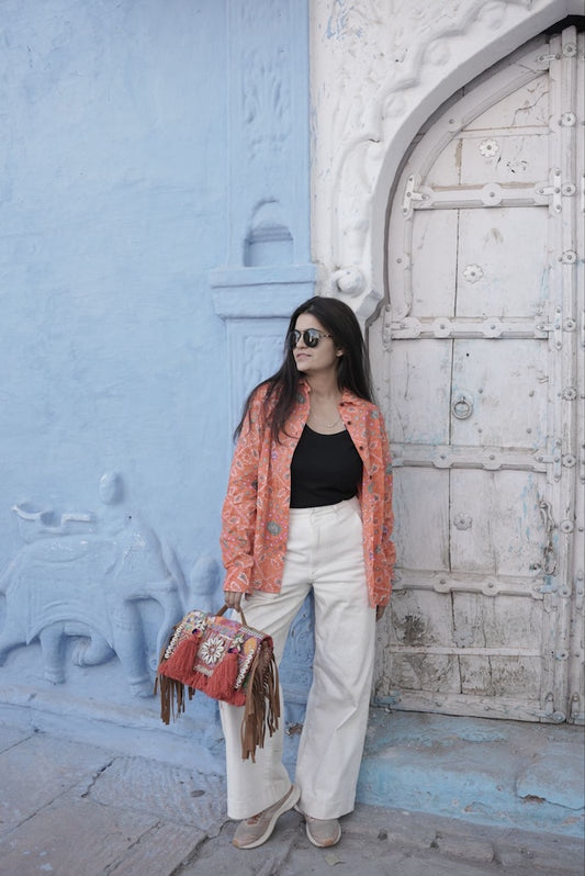 Women Traditional Bandhej Print Cotton Shirt - Orange