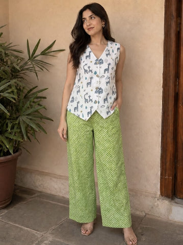 Block Printed Pure Cotton Waist coat with plazzo