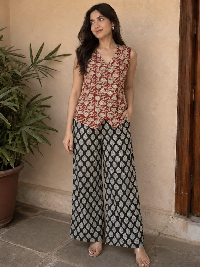 Block Printed Pure Cotton Waist coat with Plazo