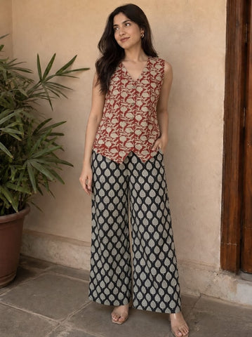 Block Printed Pure Cotton Waist coat with Plazo